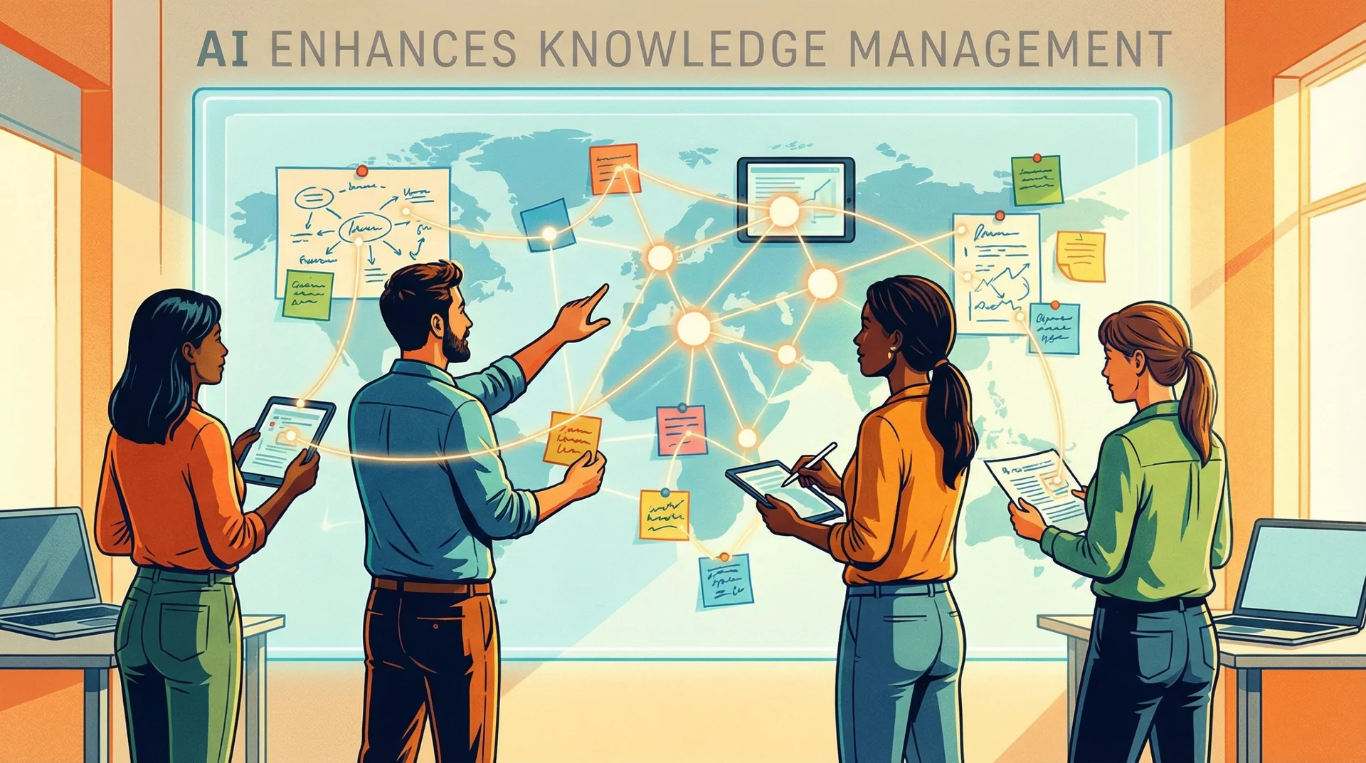 AI enhances knowledge management systems editorial illustration Editorial illustration of a cross-functional team organizing documents, insights, and AI-assisted knowledge flows.