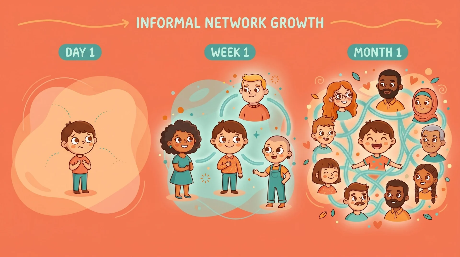 Timeline showing new hire informal network growth from Day 1 to Month 1, with connections expanding from one person to a cluster of colleagues — new hire informal network onboarding
