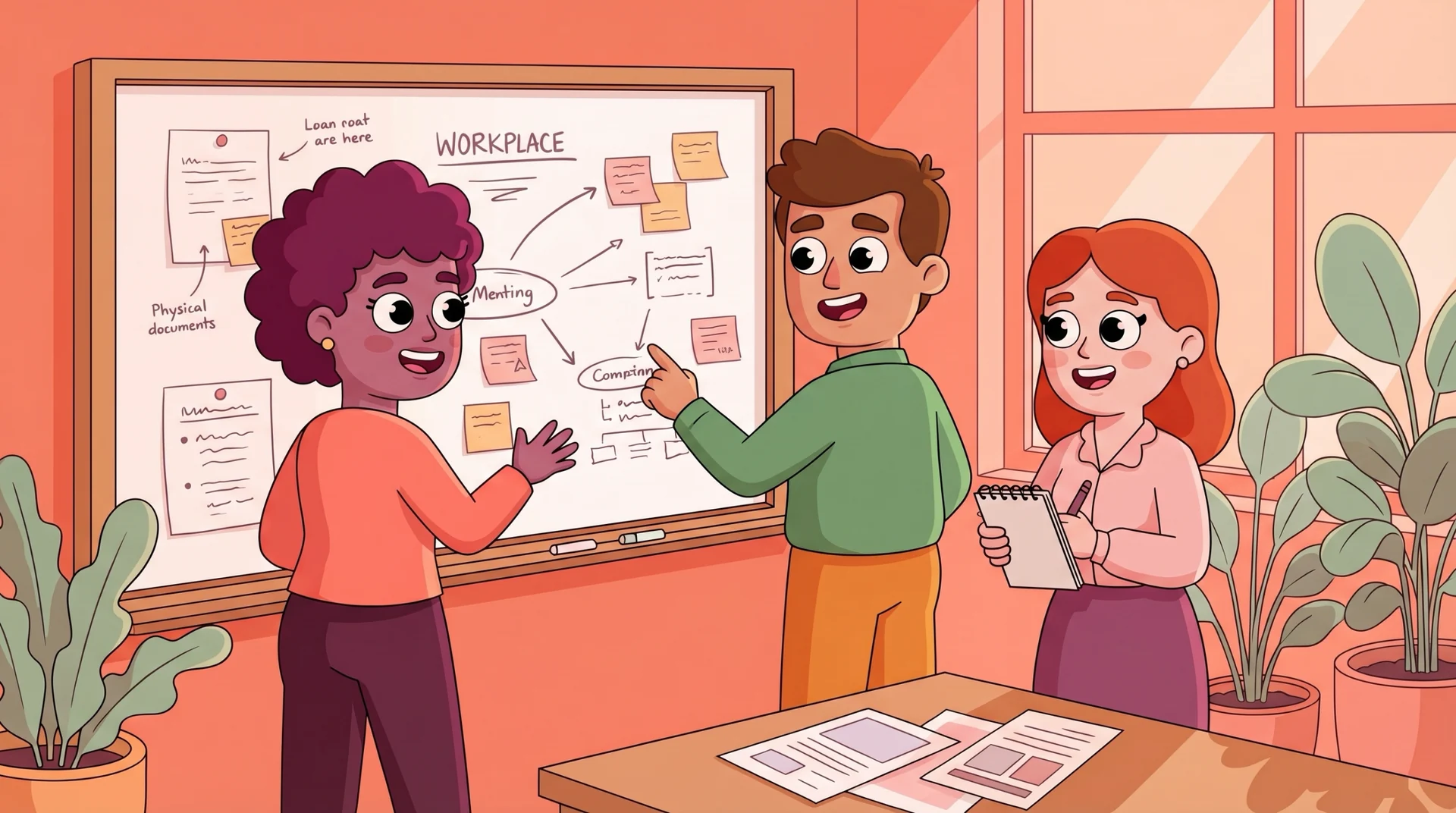 Strategic knowledge management illustration Three colleagues sharing knowledge around a whiteboard in a warm LEAD-style office illustration