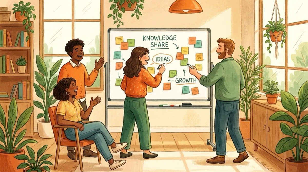 AI knowledge management team collaboration illustration Illustrated team collaborating around a whiteboard during a knowledge-sharing session