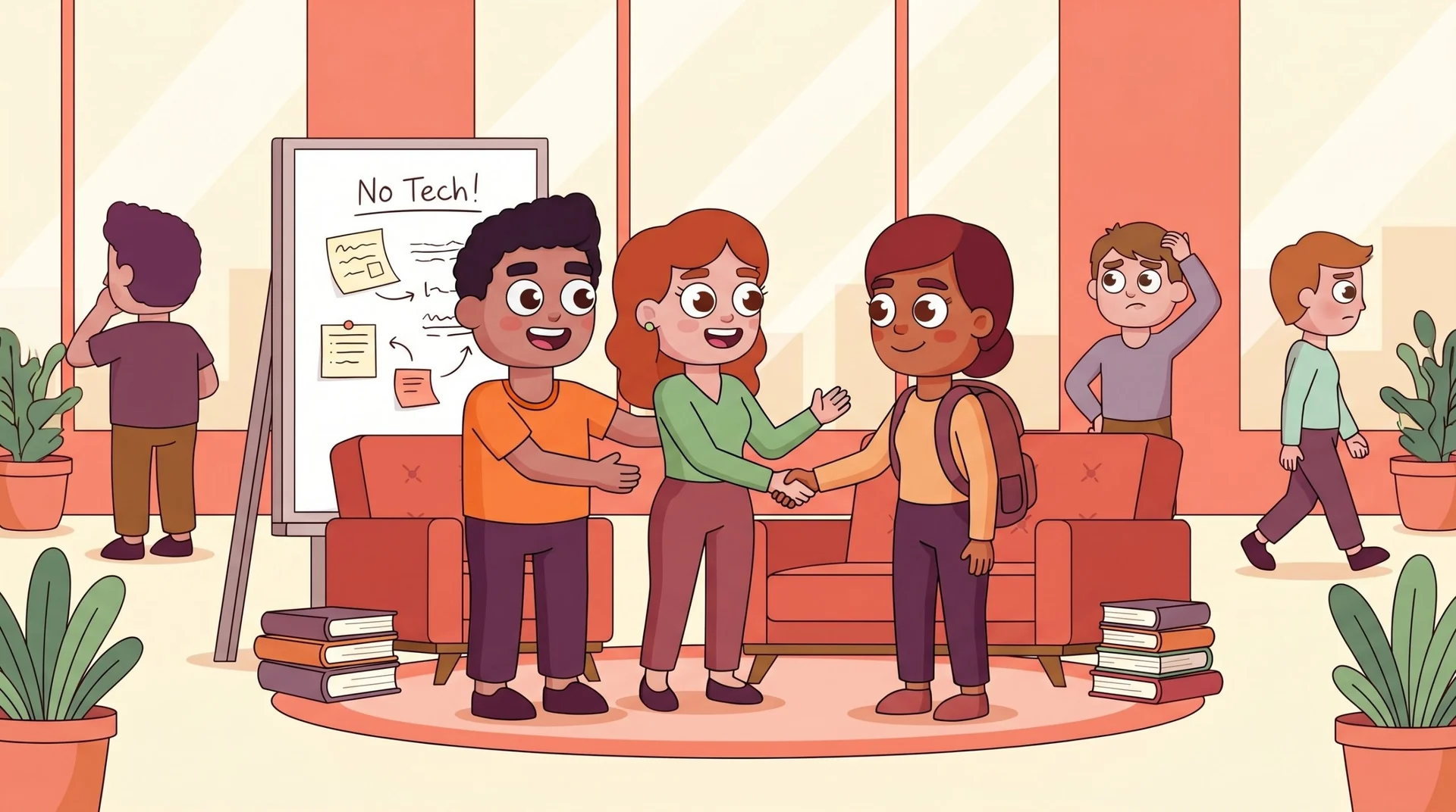 scaling-team-communication-as-teams-grow LEAD-style illustration of a growing team welcoming a new hire into the informal network as coordination gets more complex