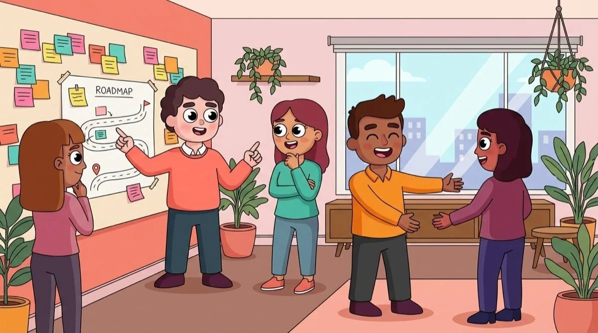 Warm illustration of colleagues guiding a team through an AI change management rollout
