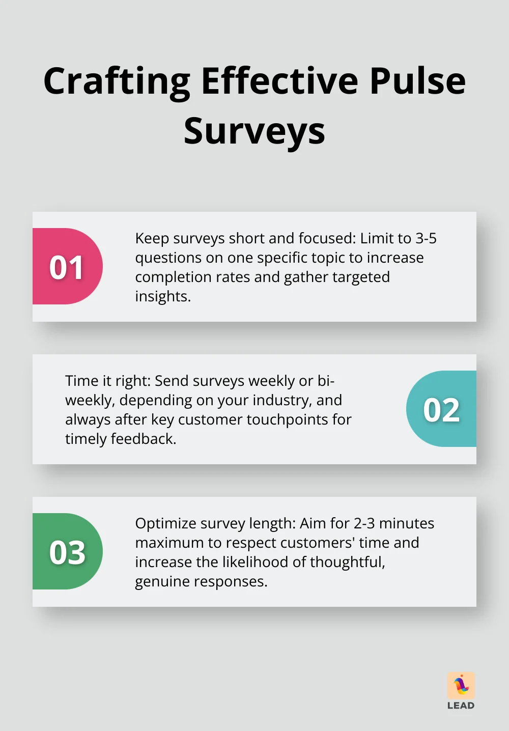 Ordered list chart showing three key points for creating effective pulse surveys - manager employee check ins