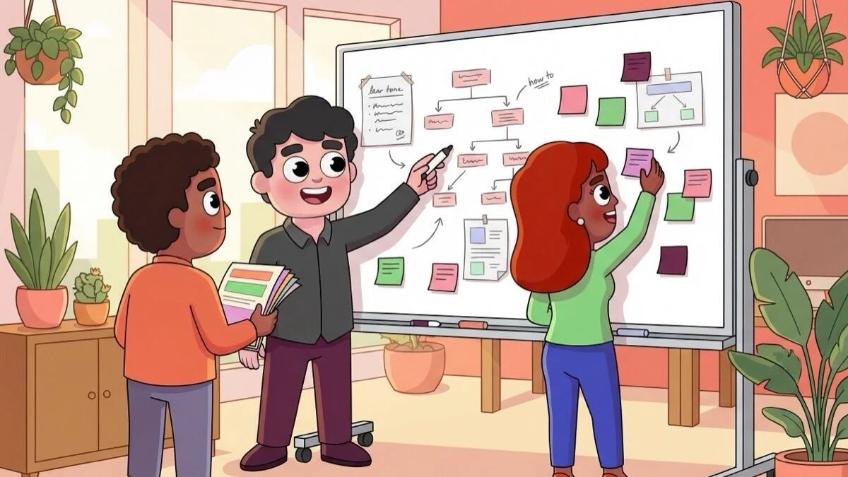 Knowledge management example hero illustration Three coworkers organizing shared knowledge on a whiteboard in a warm LEAD-style office illustration