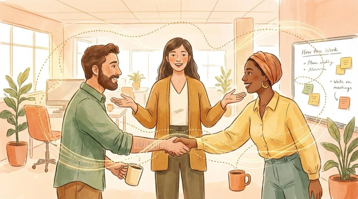 Organizational network workplace illustration Three colleagues building connections across teams in a bright office