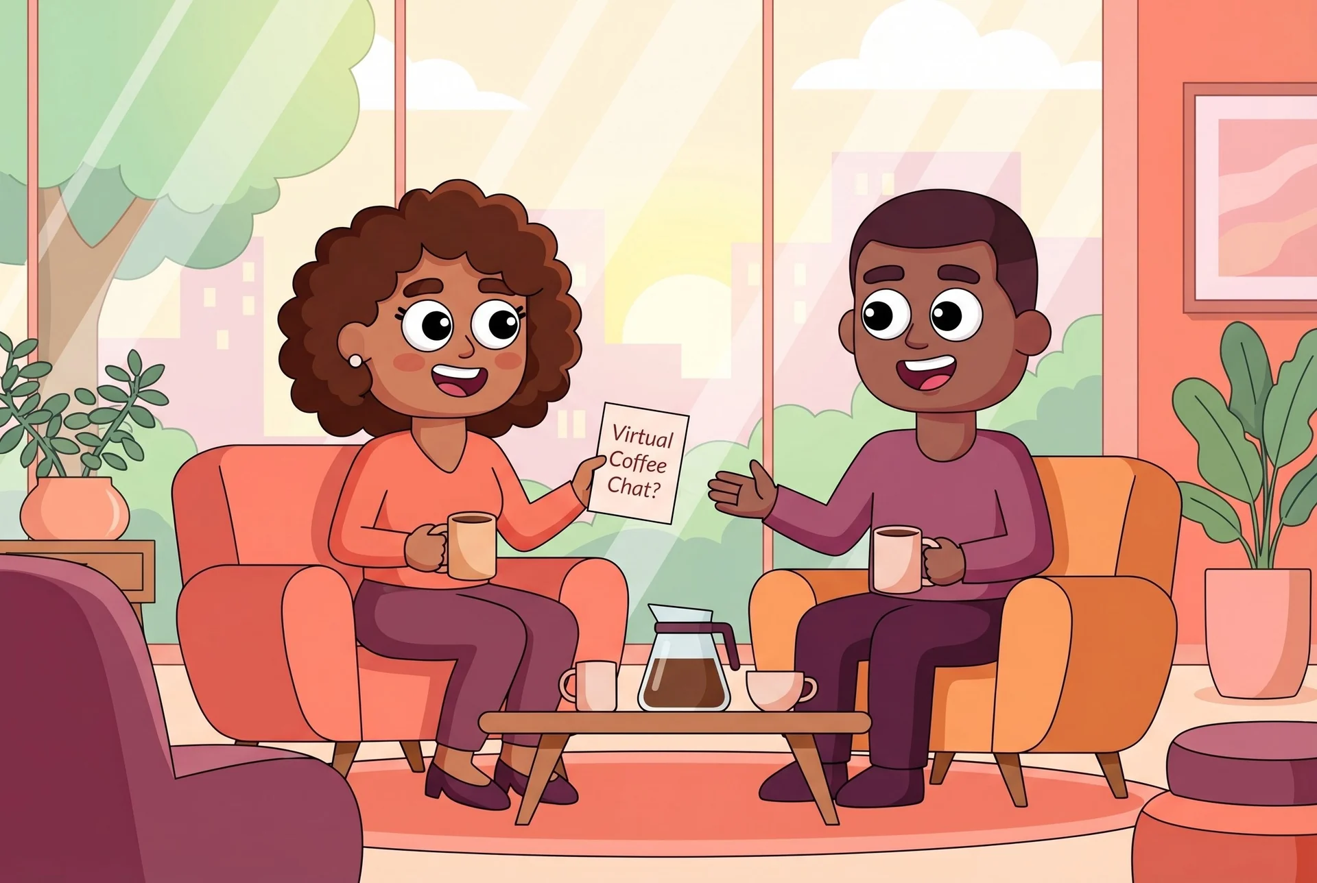 Virtual Coffee Meeting Invitation Email illustration Two colleagues sharing a friendly virtual coffee invitation in a warm illustrated office lounge