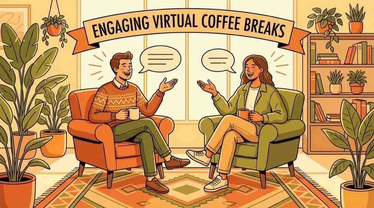 2026-04-04-tips-for-hosting-an-engaging-virtual-coffee-break Two coworkers enjoying a warm virtual coffee break conversation in a bright office lounge illustration