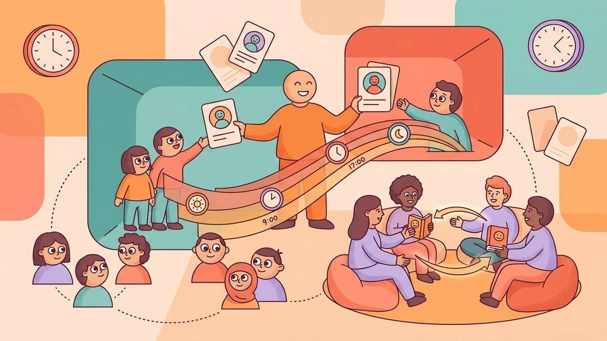 LEAD.bot global team connection illustration with distributed colleagues and overlap windows