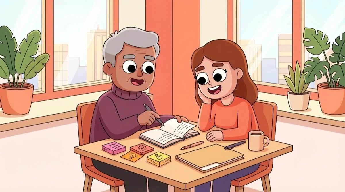 AI knowledge management featured illustration Two colleagues reviewing a notebook together in a warm office setting, illustrating AI knowledge management through shared team learning