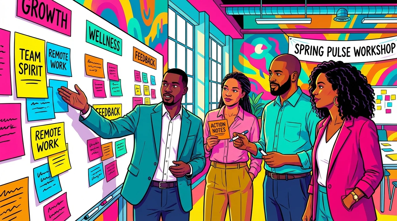 Purpose of Pulse Surveys illustration Editorial illustration of a leadership team reviewing colorful pulse survey feedback and action notes.