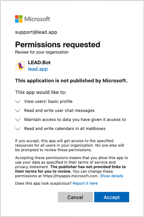 Accept Microsoft Permission Request for LEAD.bot