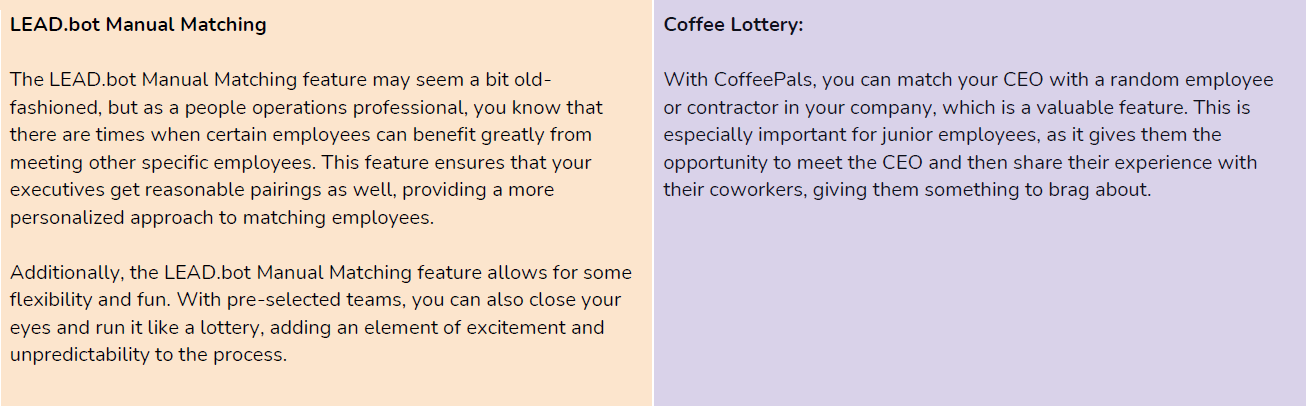 LEAD.bot vs. Coffee pals Key Features - Manual Matching and Lottery