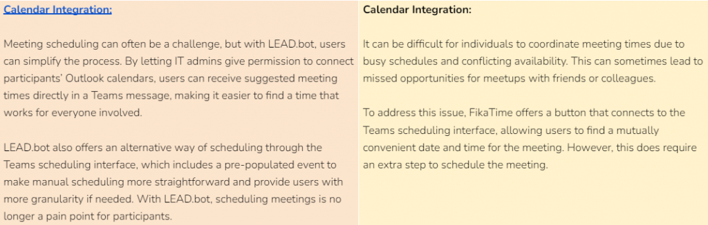 LEAD.bot vs. fika Time Key Features - Calendar Integration