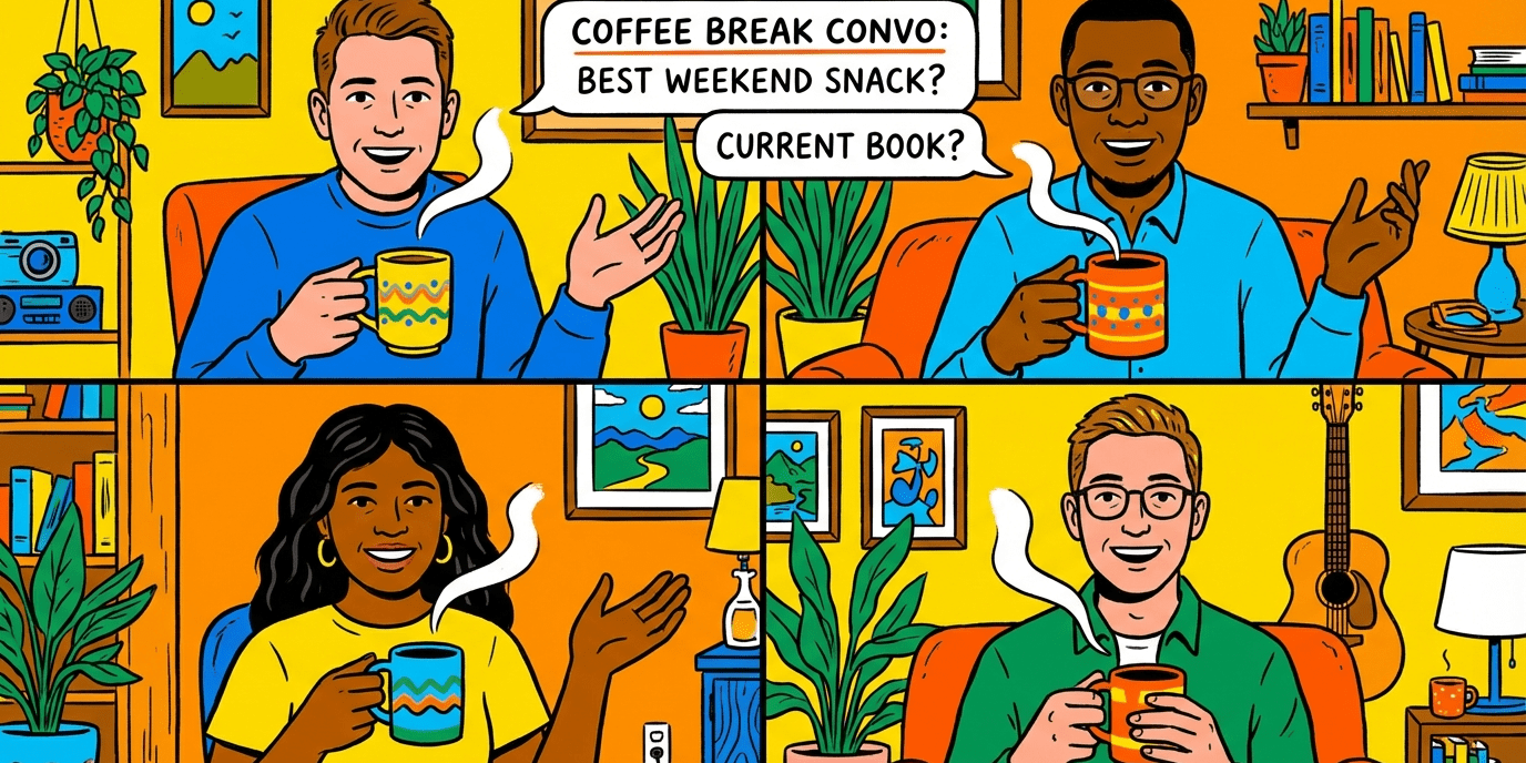 Editorial illustration of remote coworkers enjoying a lively virtual coffee break together.