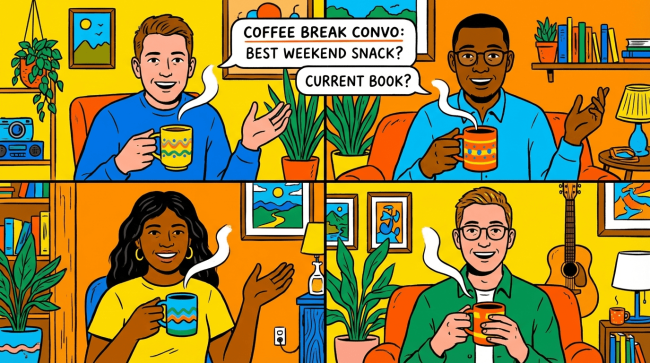 Editorial illustration of remote coworkers enjoying a lively virtual coffee break together.