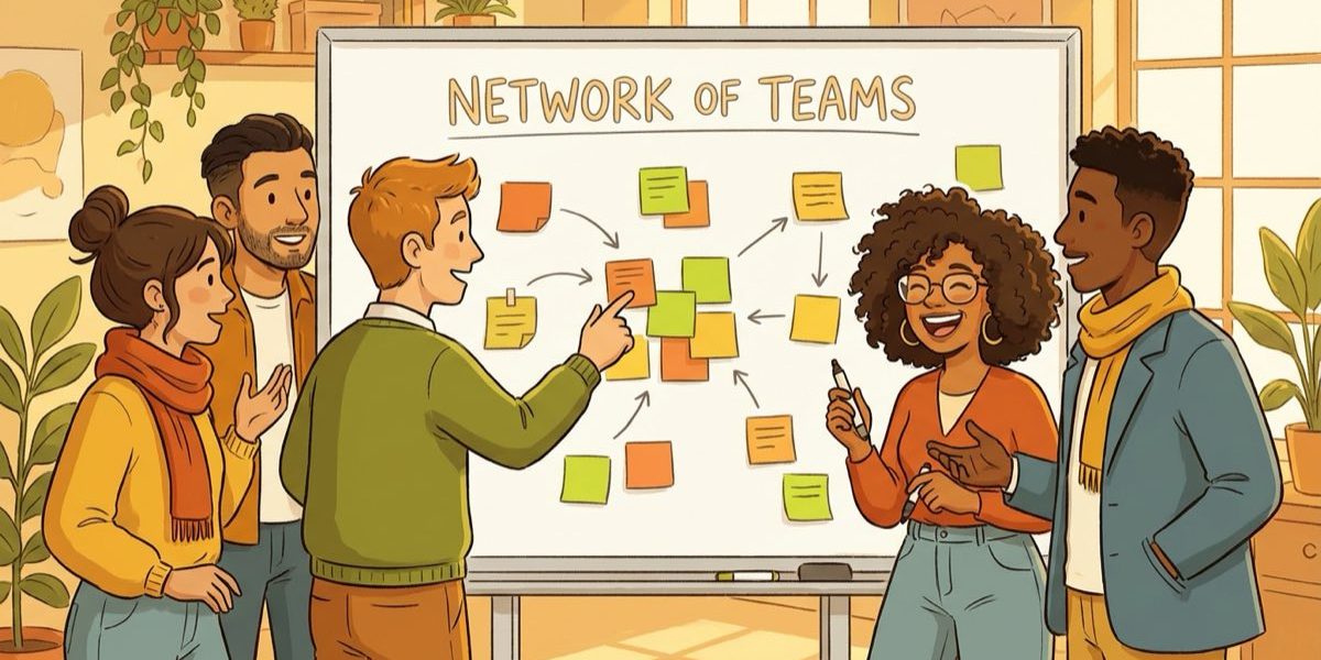Network of Teams Organizational Model Illustration Cross-functional team collaborating in a network of teams workshop