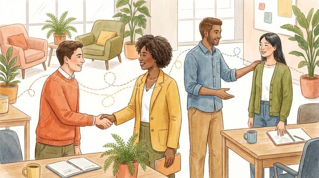 Warm illustration of coworkers building relationships across an organizational network