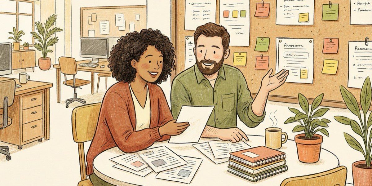 Two coworkers comparing notes while choosing knowledge management software