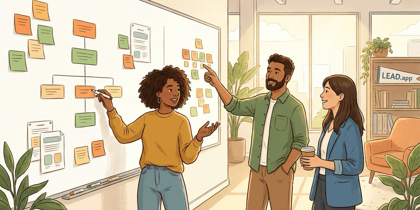 Illustration of coworkers building a knowledge management framework together in a bright office