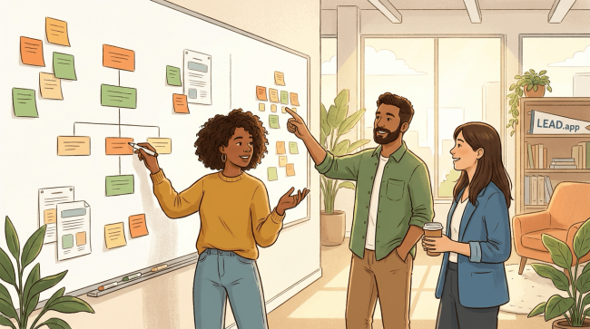 Illustration of coworkers building a knowledge management framework together in a bright office