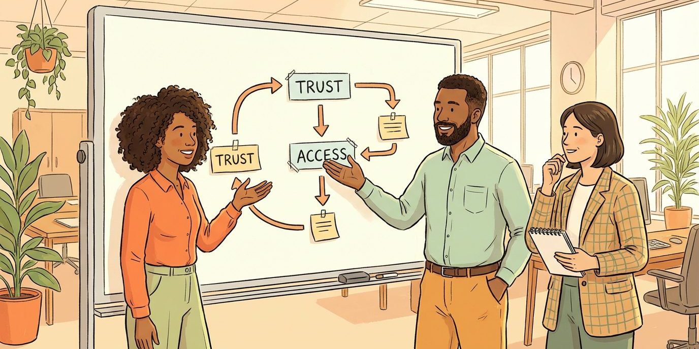 Illustration of coworkers planning organizational network security in a bright office