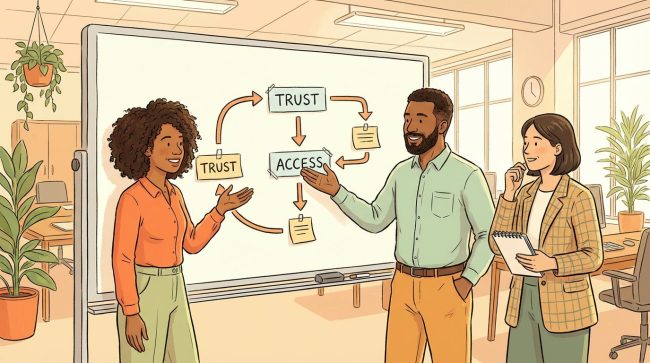 Illustration of coworkers planning organizational network security in a bright office