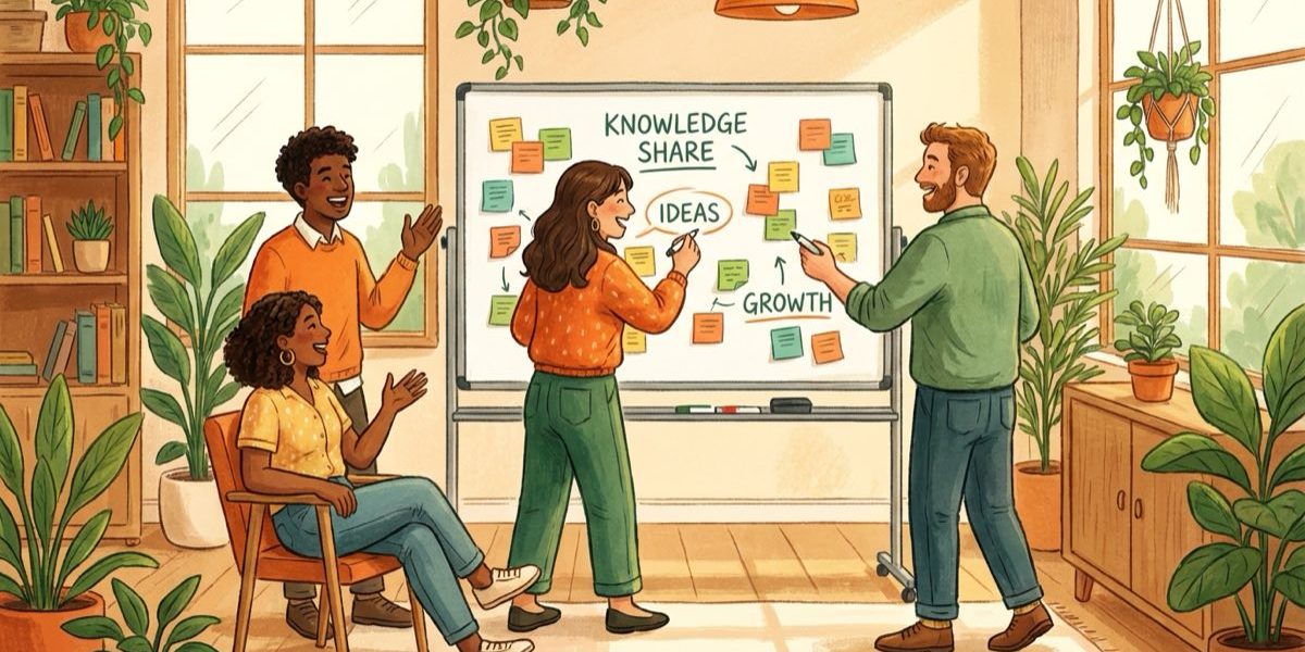 Illustration of a team organizing shared knowledge on a whiteboard