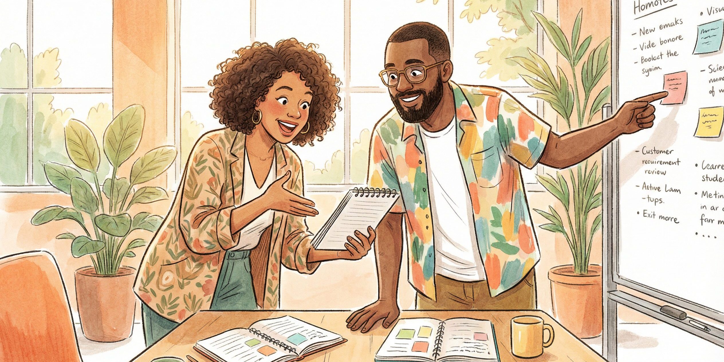 Two coworkers sharing ideas in a bright office, illustrating practical knowledge management tools for teams