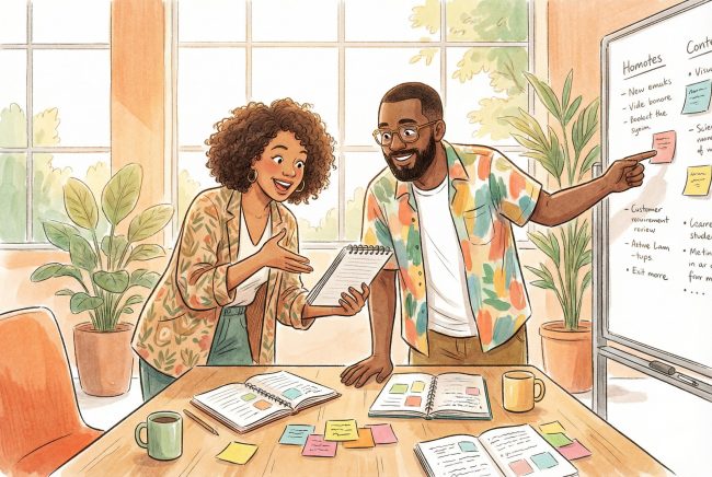 Two coworkers sharing ideas in a bright office, illustrating practical knowledge management tools for teams