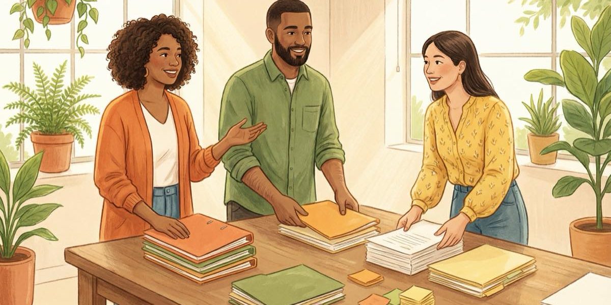 Organization and Knowledge Management Guide Illustration Three colleagues organizing documents and notes together in a bright office