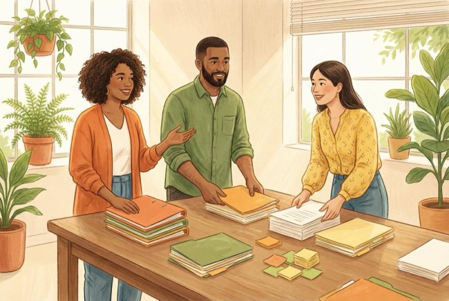 Three colleagues organizing documents and notes together in a bright office