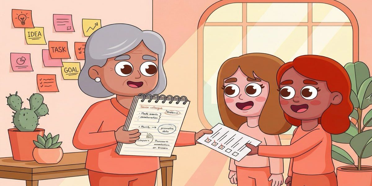 Illustrated teammates sharing notes and checklists in a bright office to represent knowledge management best practices