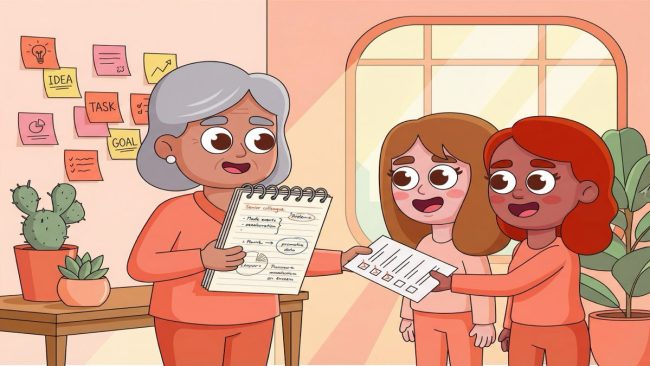 Illustrated teammates sharing notes and checklists in a bright office to represent knowledge management best practices