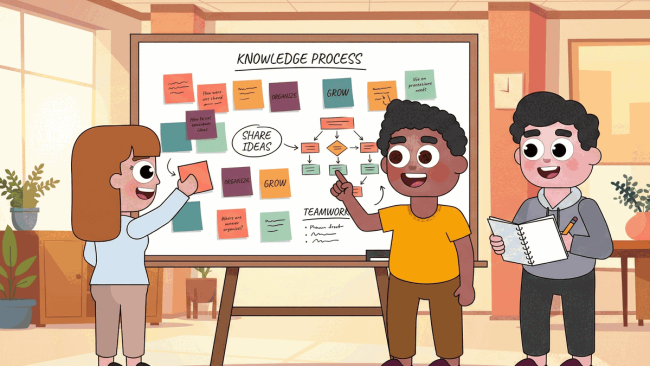 Three colleagues organizing ideas on a whiteboard during a knowledge management planning session