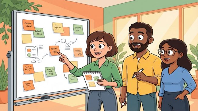 Illustrated team sharing knowledge around a whiteboard in a bright office