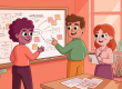 Three colleagues sharing knowledge around a whiteboard in a warm LEAD-style office illustration