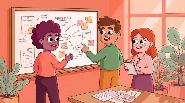 Three colleagues sharing knowledge around a whiteboard in a warm LEAD-style office illustration