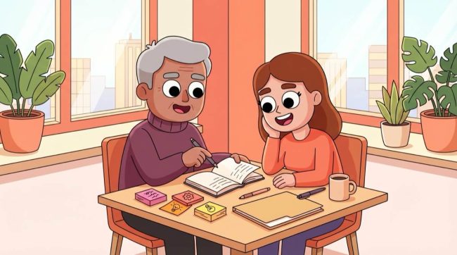 Two colleagues reviewing a notebook together in a warm office setting, illustrating AI knowledge management through shared team learning