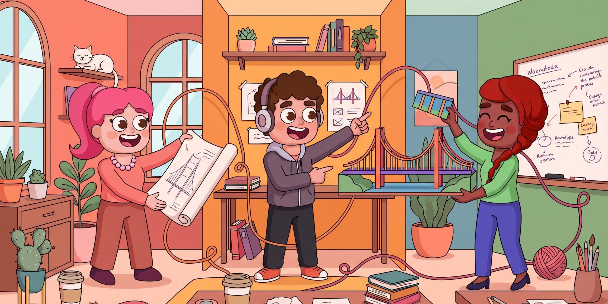 Hybrid collaboration illustration for LEAD.app Warm LEAD-style illustration of a hybrid team coordinating work across locations without screens