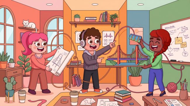 Warm LEAD-style illustration of a hybrid team coordinating work across locations without screens