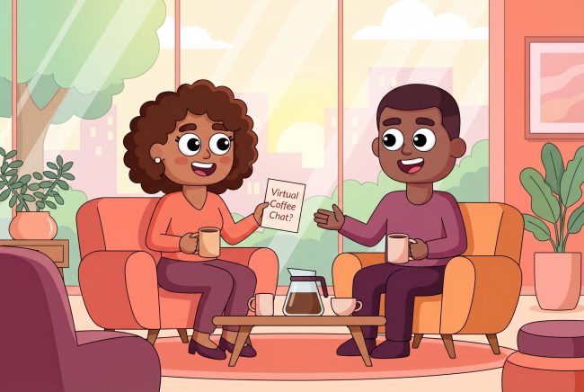 Two colleagues sharing a friendly virtual coffee invitation in a warm illustrated office lounge