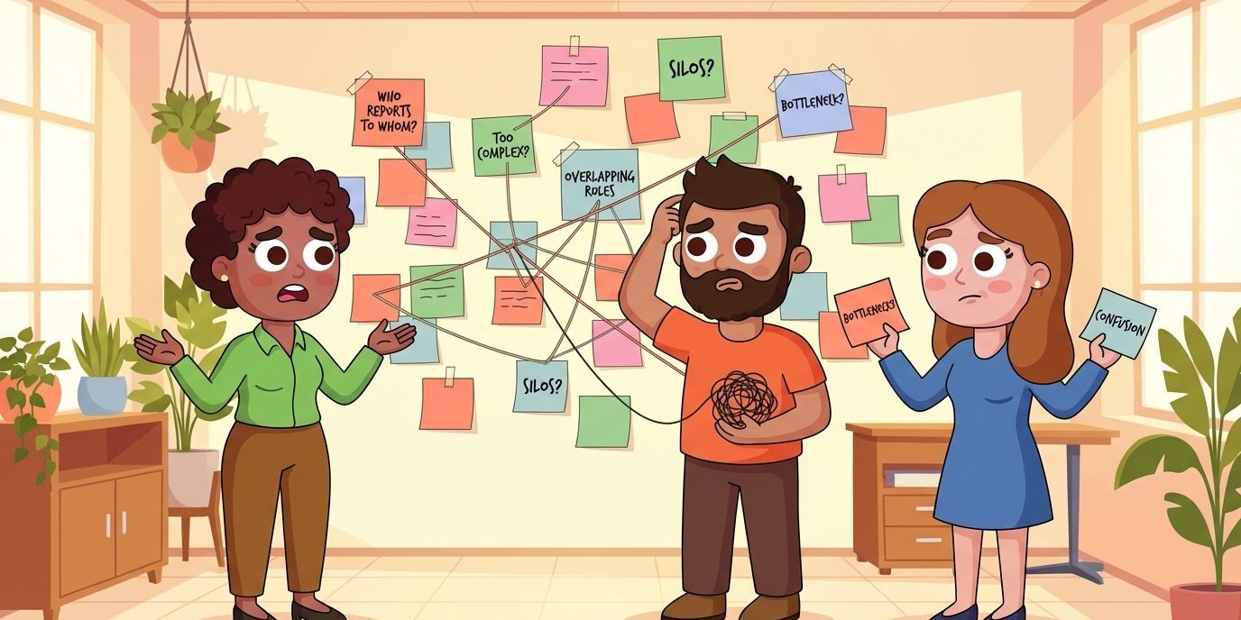 Illustrated team coordinating across a networked organization without screens or devices