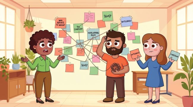 Illustrated team coordinating across a networked organization without screens or devices