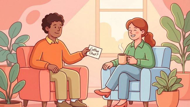 Warm LEAD.bot illustration of two colleagues sharing a virtual coffee chat invite in an office lounge