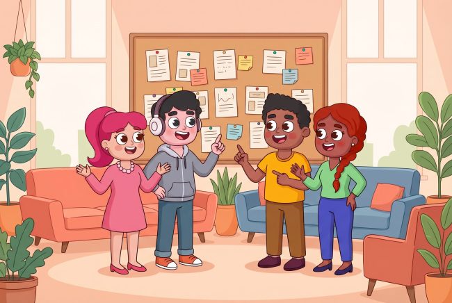 Warm LEAD-style illustration of colleagues mapping workplace relationships on a corkboard during an organizational network analysis discussion