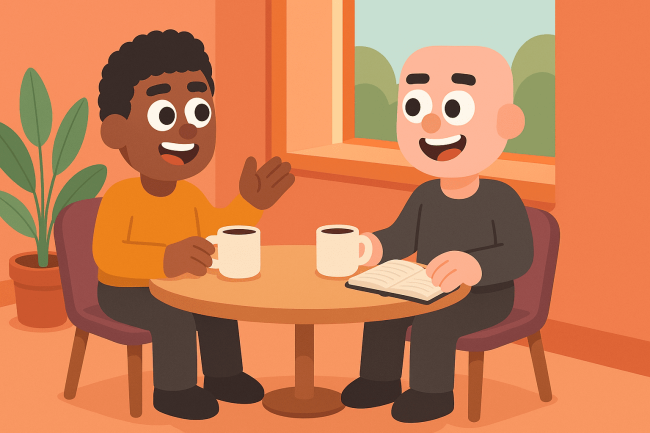 Two colleagues meeting for a virtual coffee chat in LEAD.bot illustration style