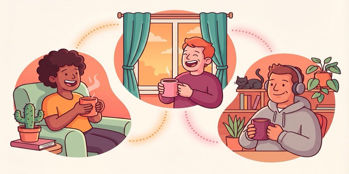 Illustrated remote team virtual coffee morning with colleagues chatting over coffee in warm LEAD style