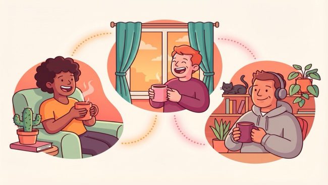 Illustrated remote team virtual coffee morning with colleagues chatting over coffee in warm LEAD style