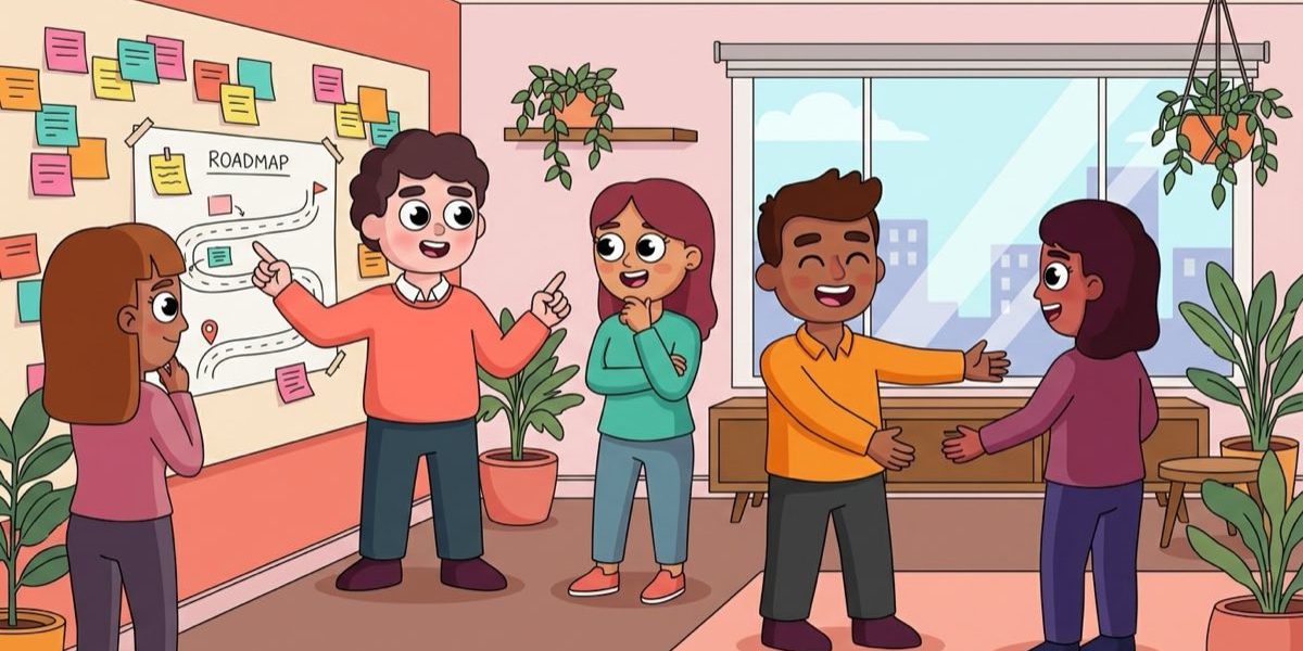 Warm illustration of colleagues guiding a team through an AI change management rollout