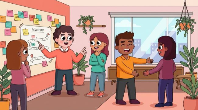 Warm illustration of colleagues guiding a team through an AI change management rollout